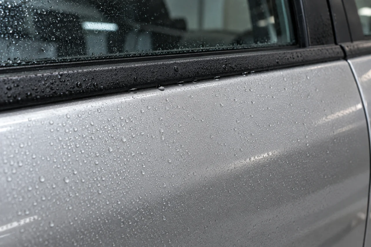 Fine water droplets on silver car paint beside black window trim