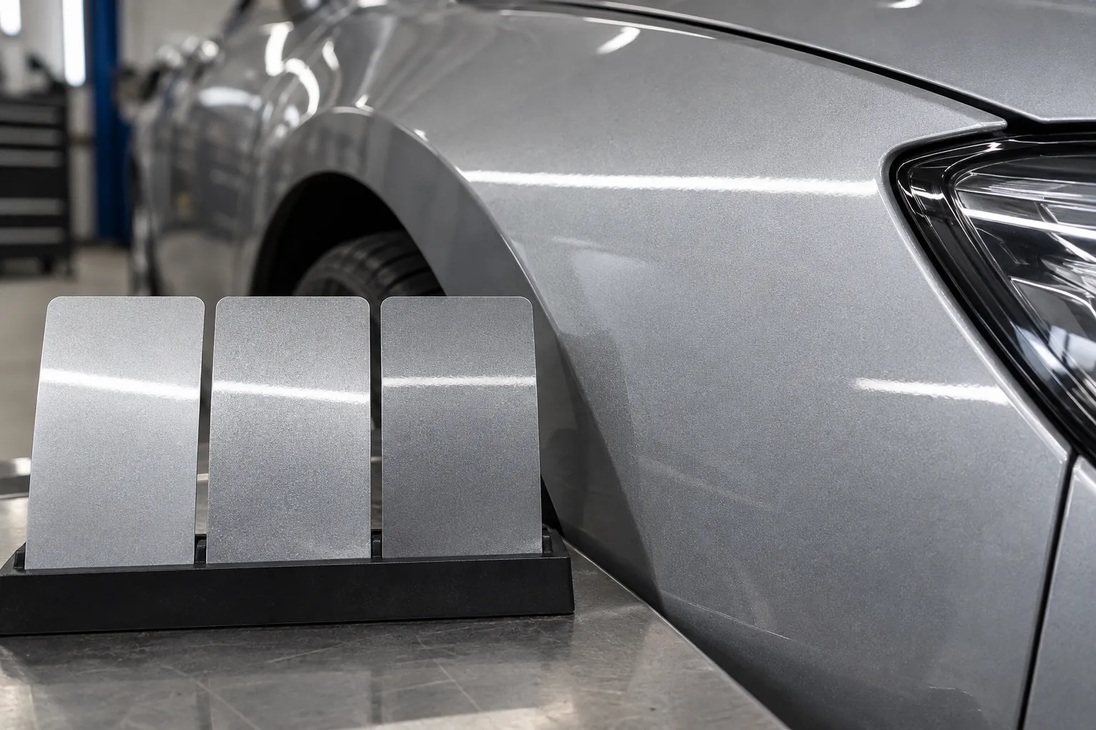 Three silver paint sample cards beside a metallic silver car wing