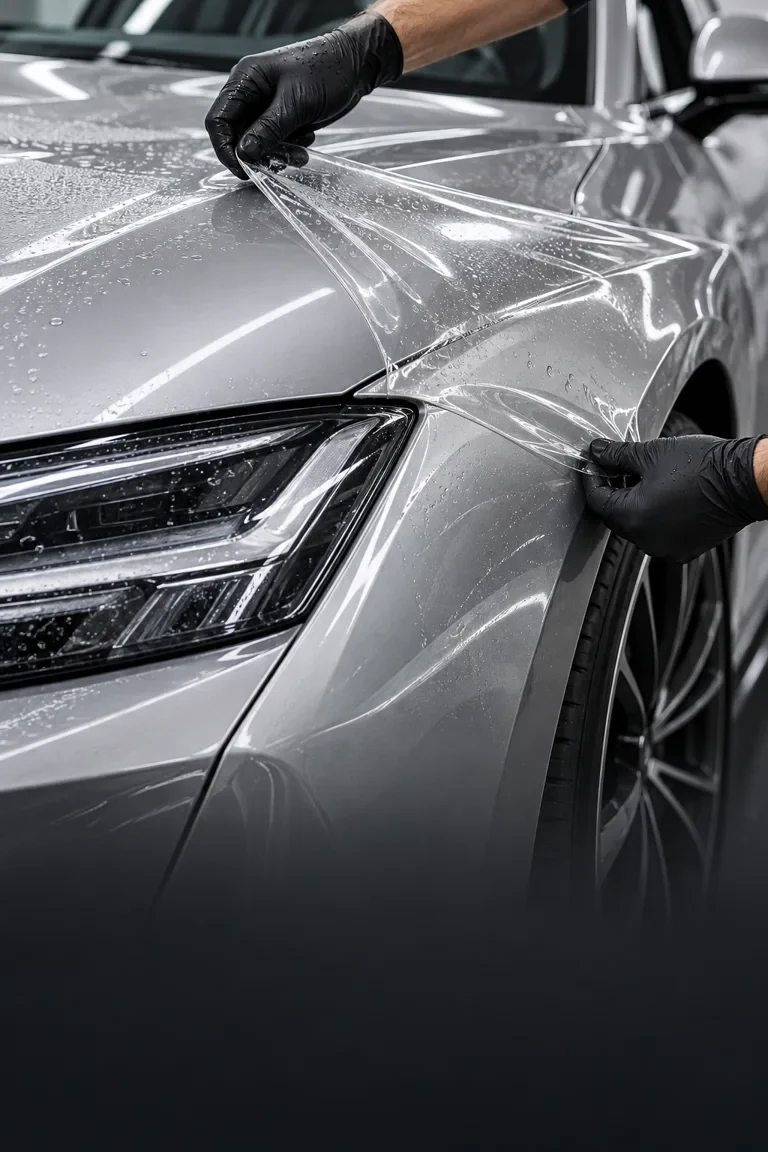 Illustrative clear protection film being smoothed onto a silver car's headlight area