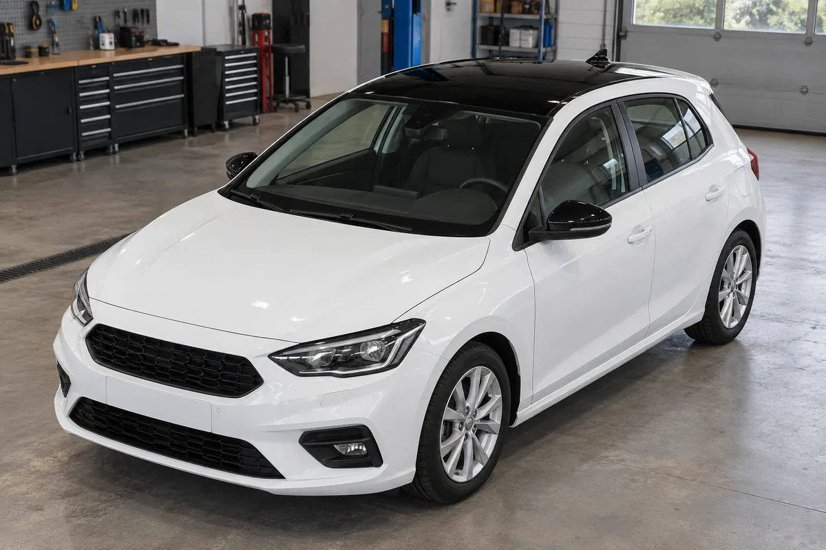 A white hatchback retains its white body panels while the metal roof and mirror caps are glossy black