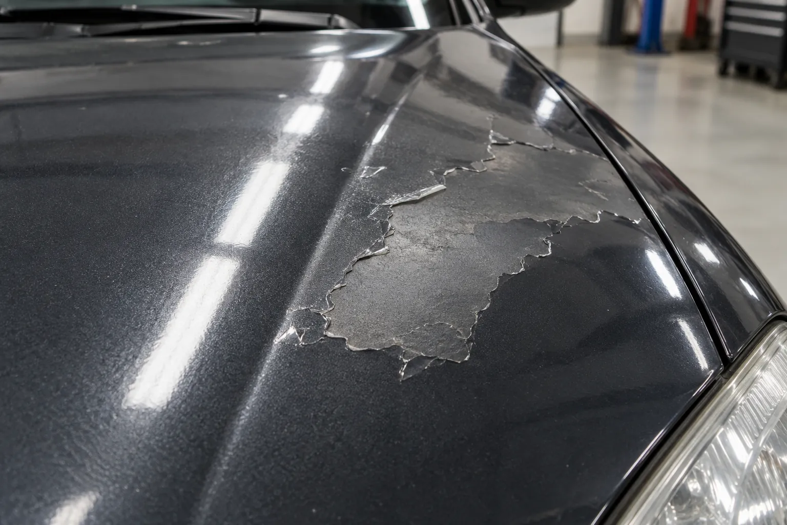 Peeling clearcoat and uneven finish on a dark car bonnet