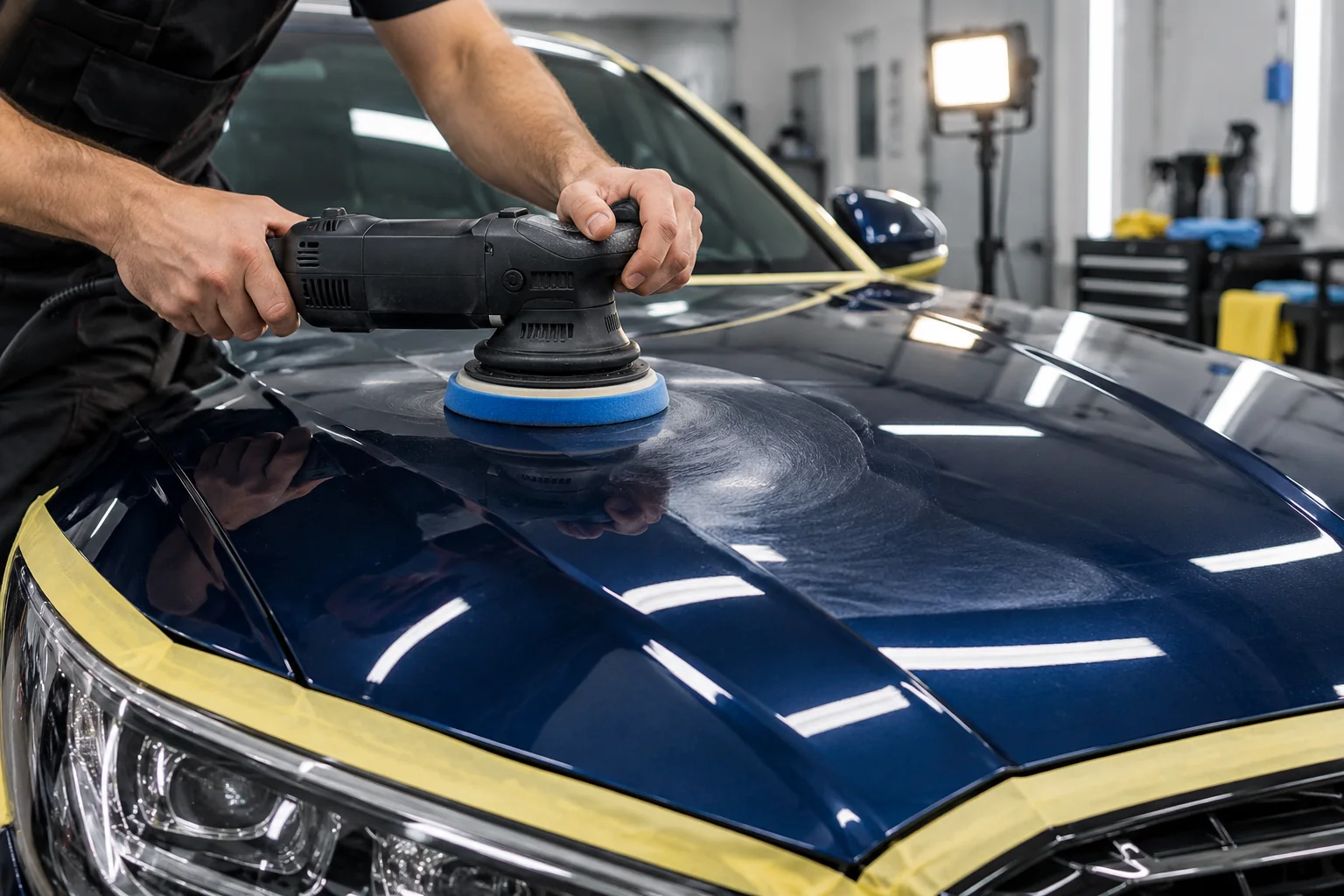 Technician preparing a painted panel before protective treatment