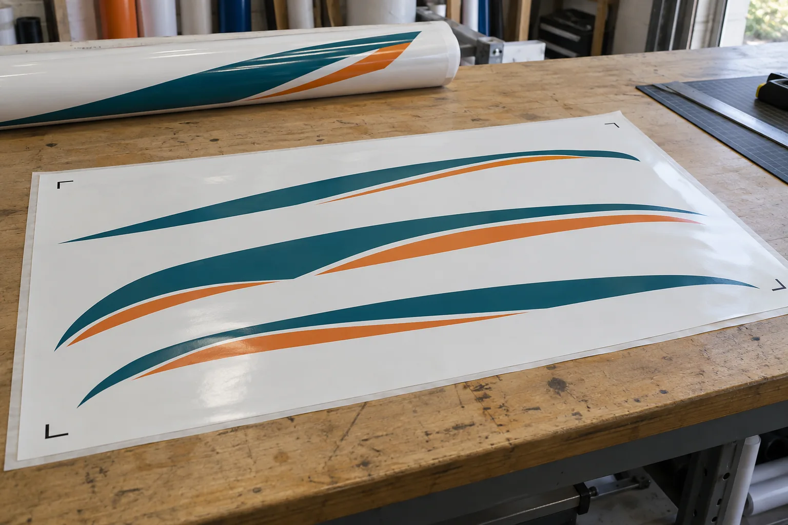 Printed teal and orange vinyl stripe graphics with black registration marks on a workbench