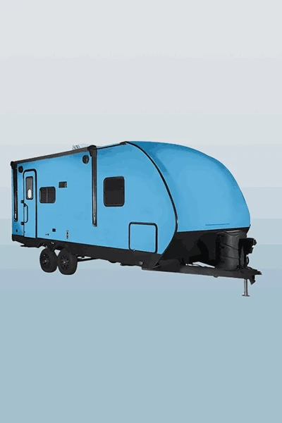 Illustration of a travel trailer with a blue exterior design