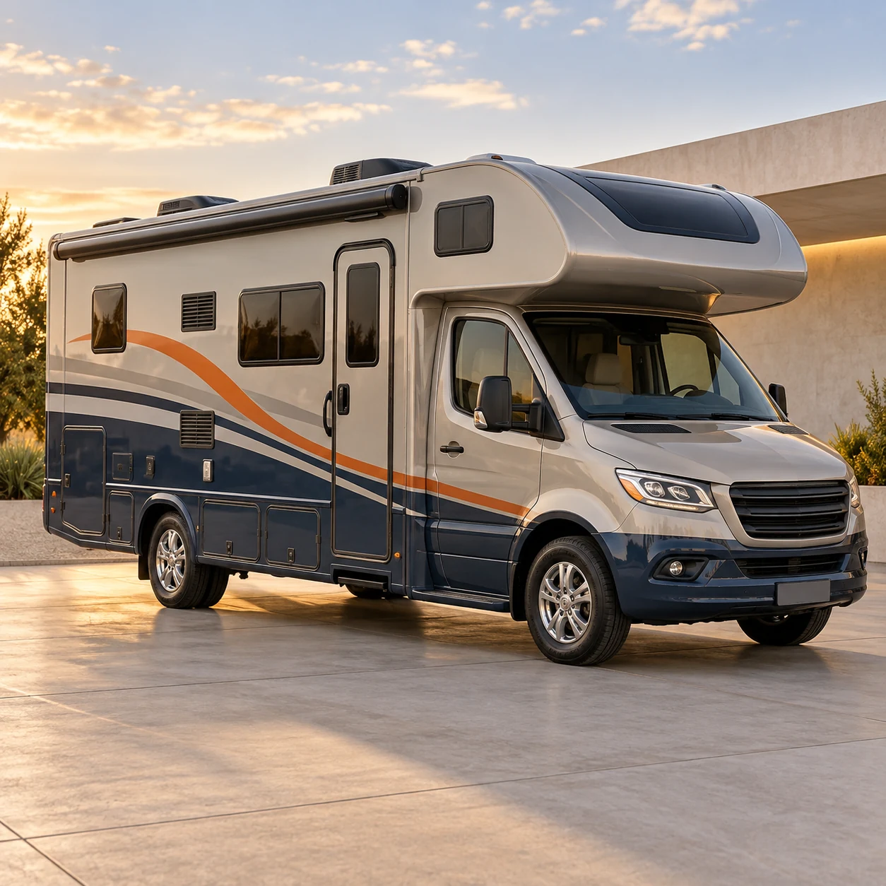 Motorhome with a coordinated grey, navy and orange graphic design