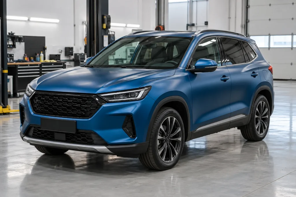 A satin blue SUV in a workshop with its lights, windows and trim uncovered