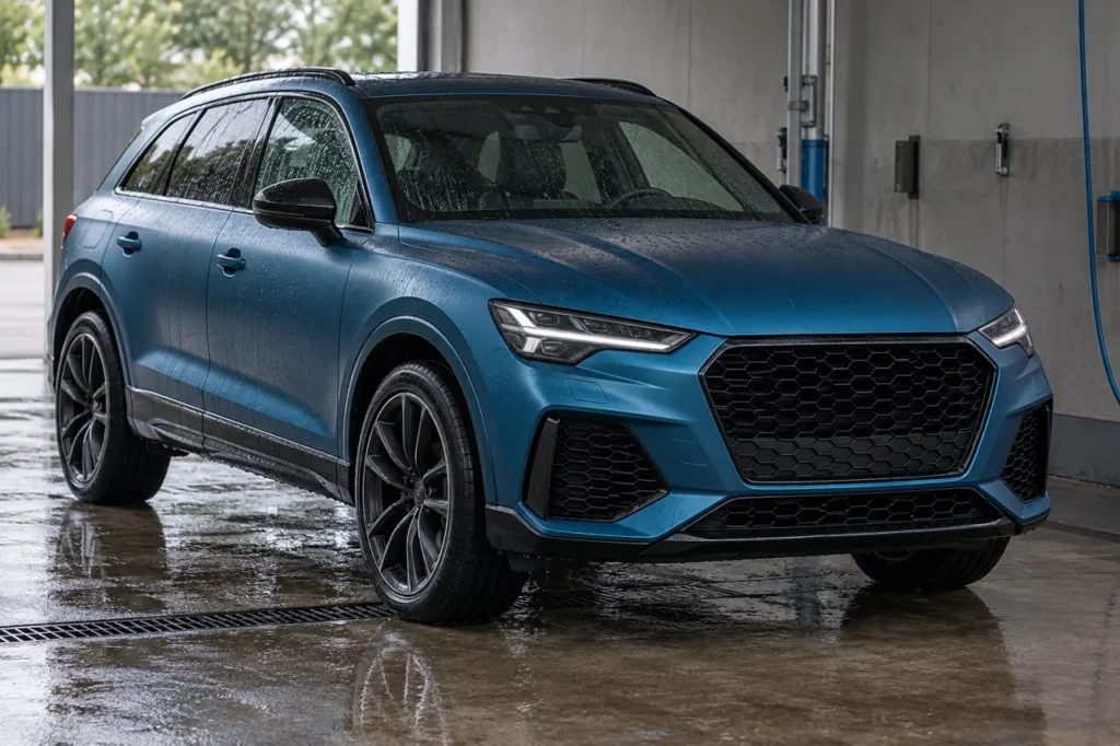 Satin blue SUV freshly rinsed in a shaded wash bay