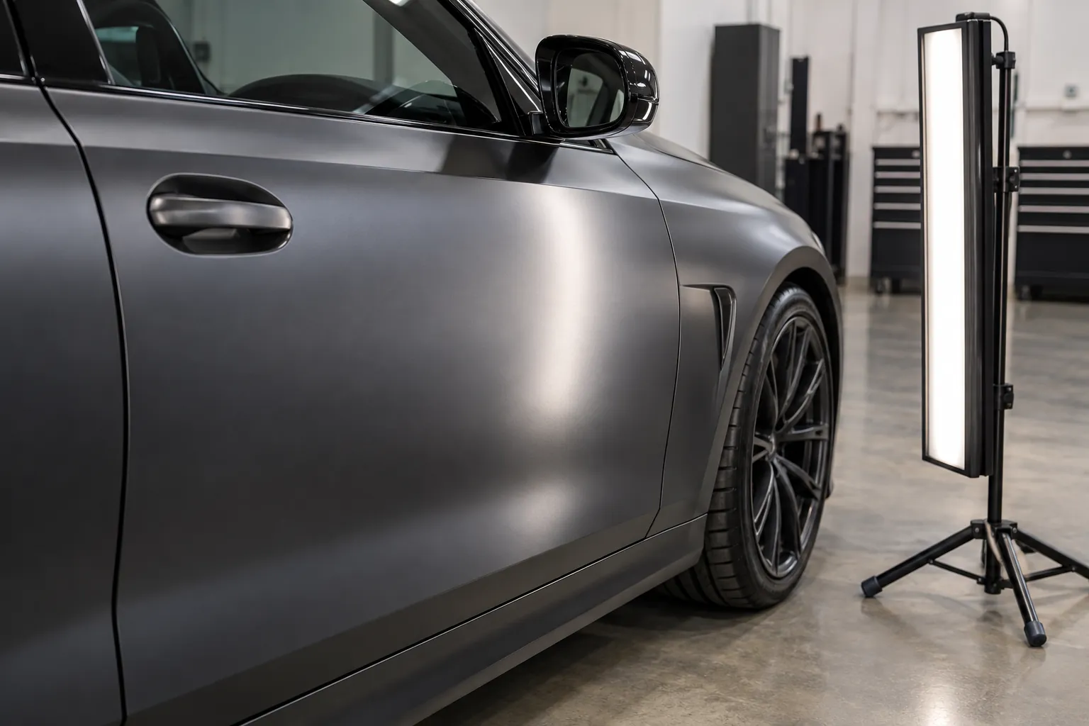 A freestanding inspection light illuminating the satin finish of a wrapped vehicle door