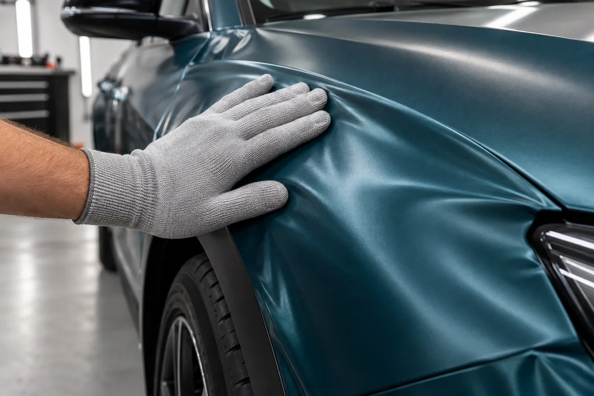 A snug grey knitted application glove smooths teal vinyl over a curved vehicle panel