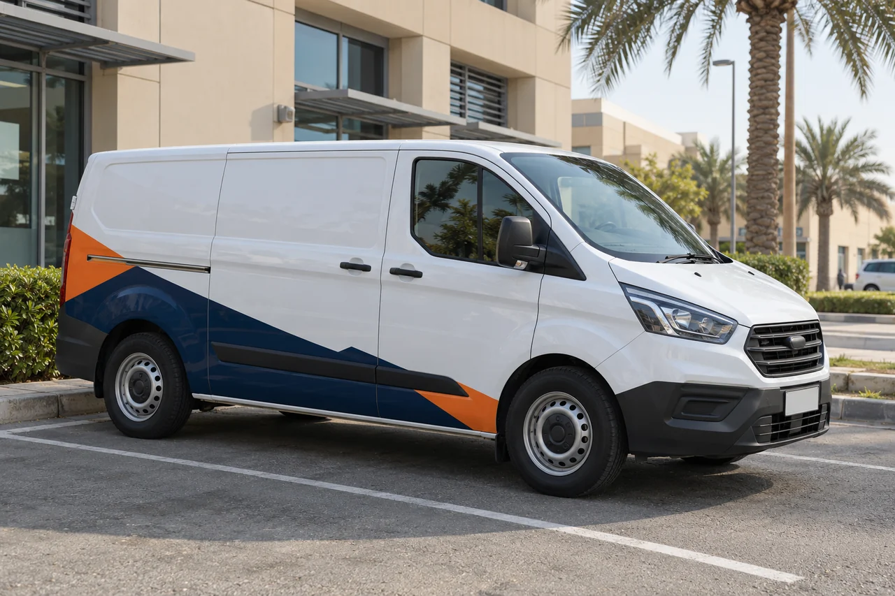 White service van with navy and orange partial graphics parked outside a commercial building