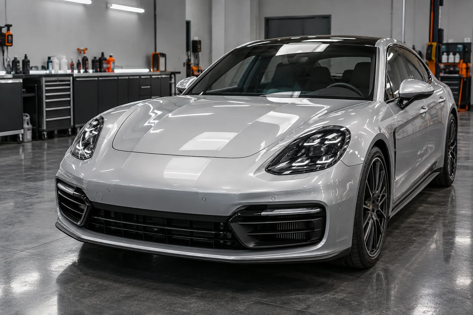 Silver car in a workshop during clear paint protection film installation