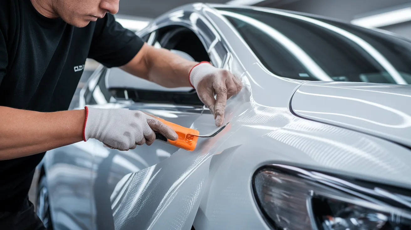 Installer pressing silver vinyl onto a curved vehicle panel with an orange squeegee
