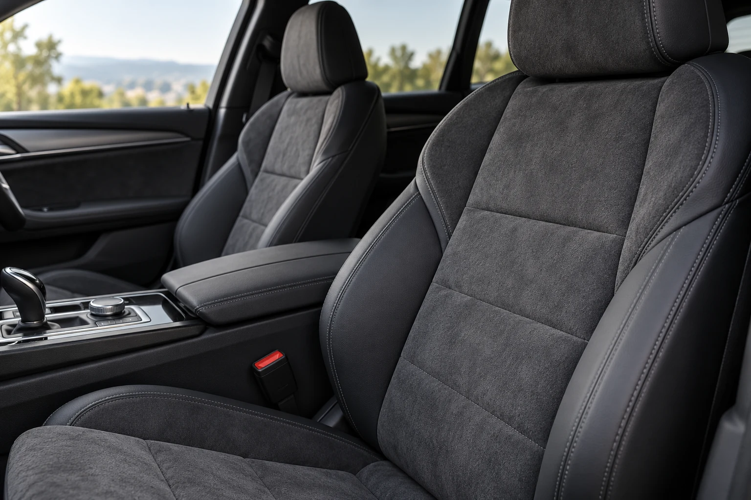 Illustrative close view of suede-like textured seat upholstery