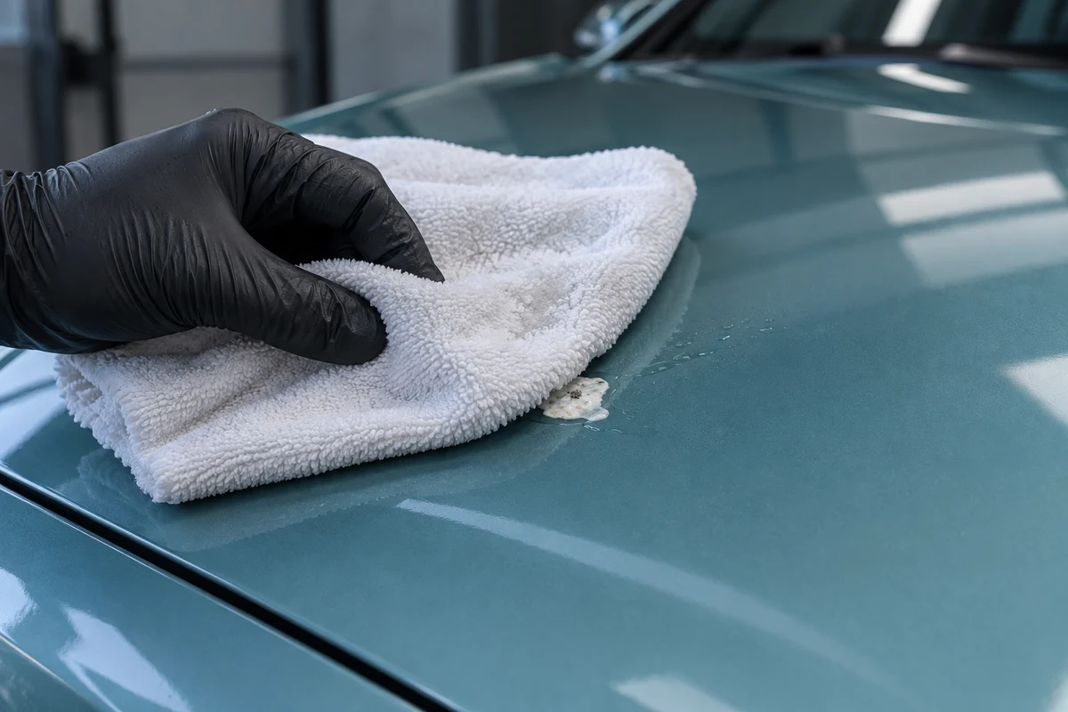 Damp white microfiber towel resting over a small deposit on teal vinyl