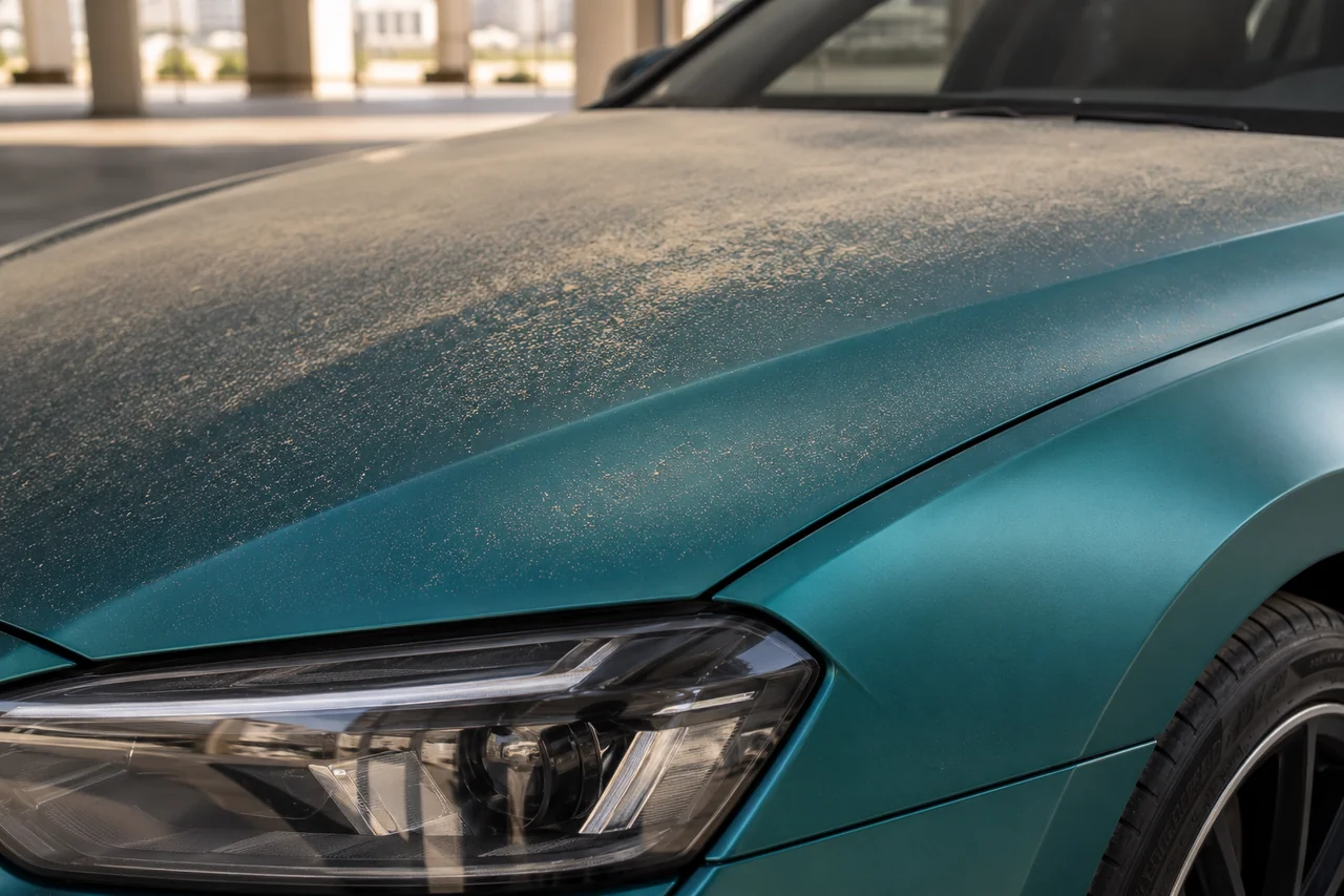 Light tan dust on a teal wrapped hood beside a clean exposed vinyl edge