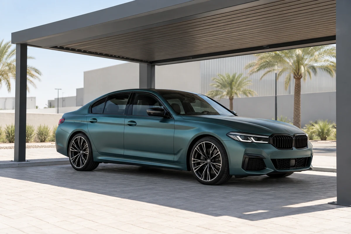 Teal wrapped sedan under shade