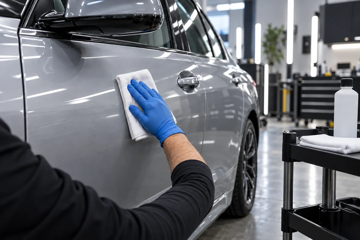 Gloved detailer wiping a silver painted door with a microfiber cloth