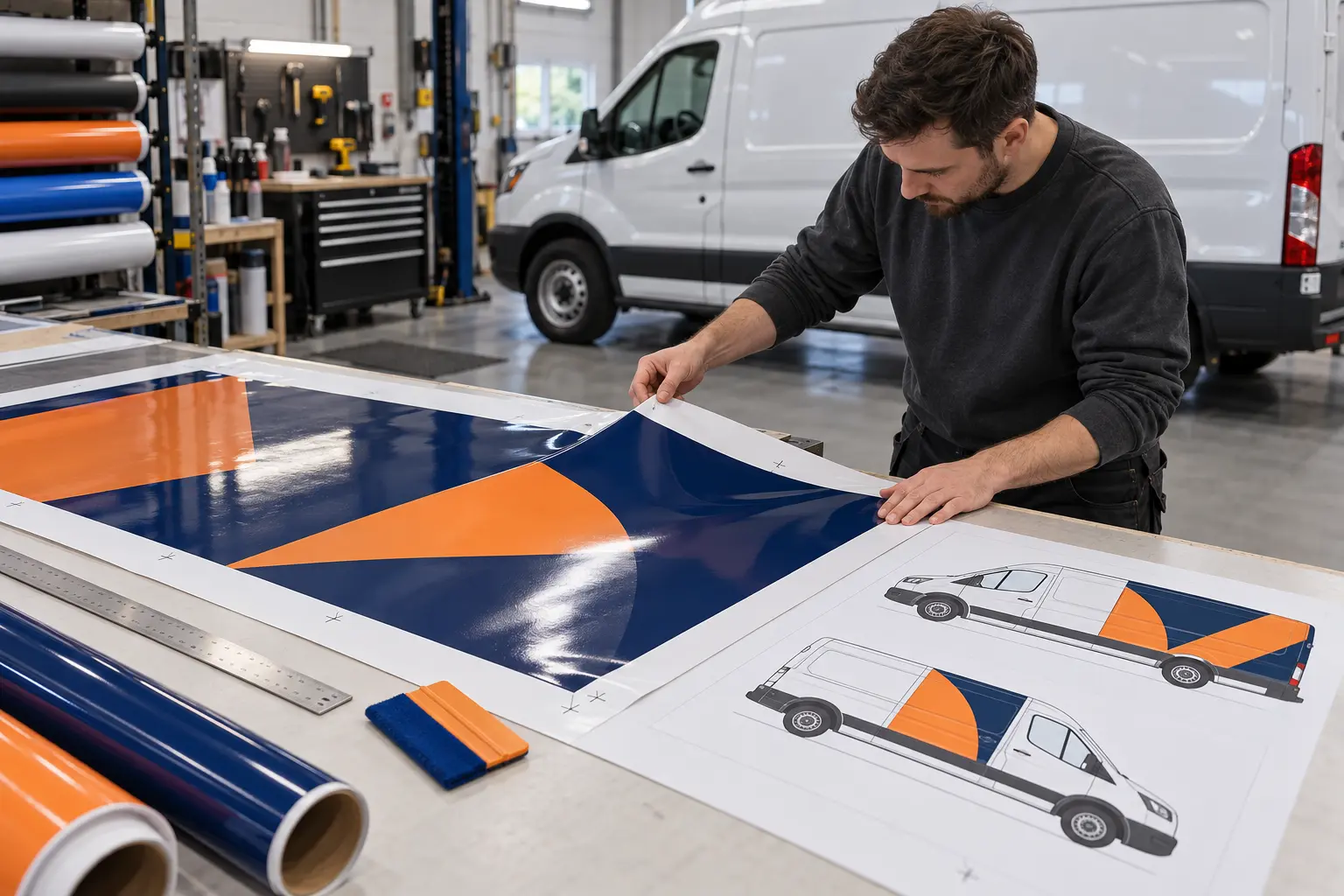 Checking printed van graphics and vehicle artwork at a workbench