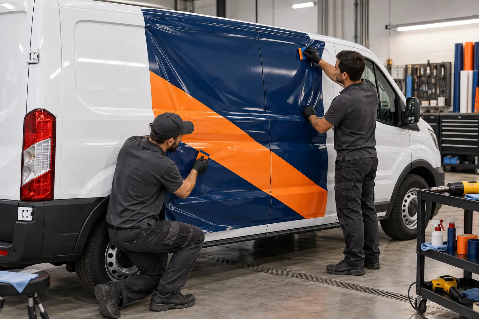 Technicians fitting navy and orange vinyl to a cargo van