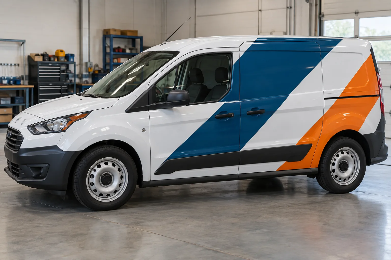 A white cargo van with blue and orange vinyl graphics on its painted side panels