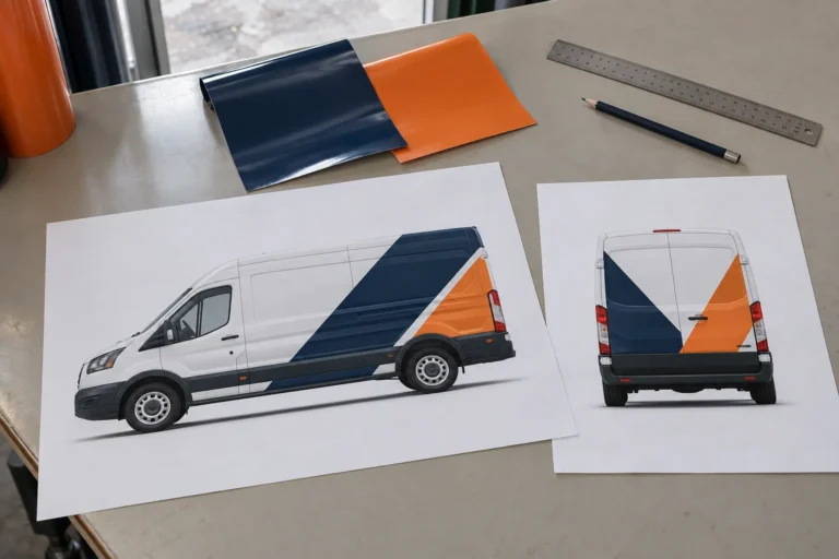 Side and rear vehicle branding layout concepts with color samples