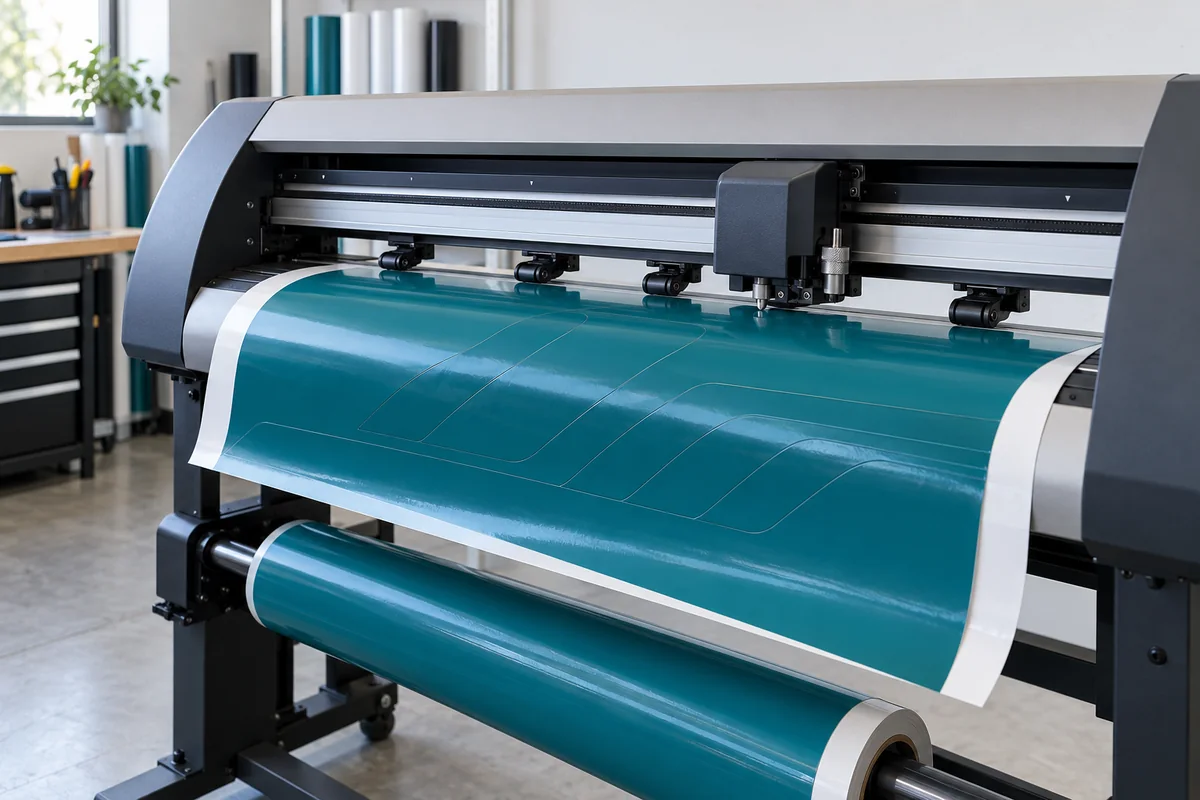 A roll-fed blade cutting plotter holds petrol teal vinyl on its white release liner