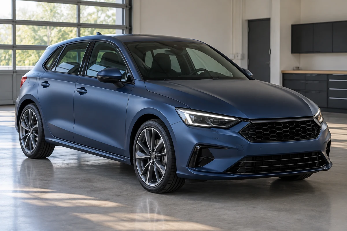 Clean slate-blue satin-wrapped hatchback in a bright indoor garage