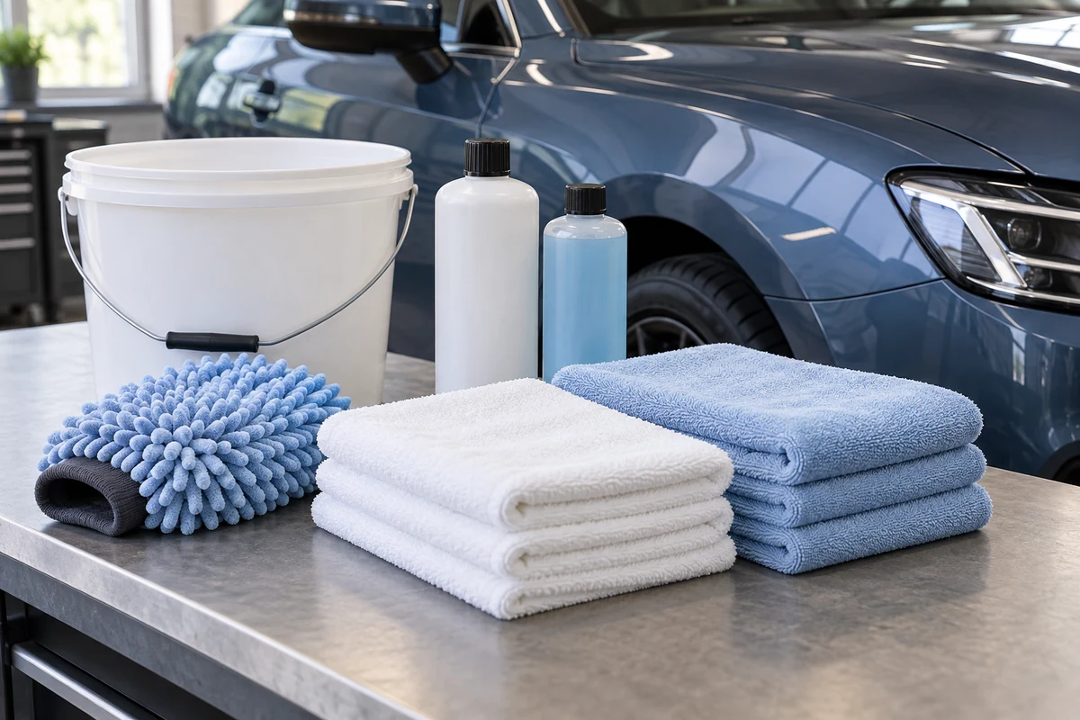 Clean towels, wash mitt, bucket and plain cleaning bottles beside a wrapped panel