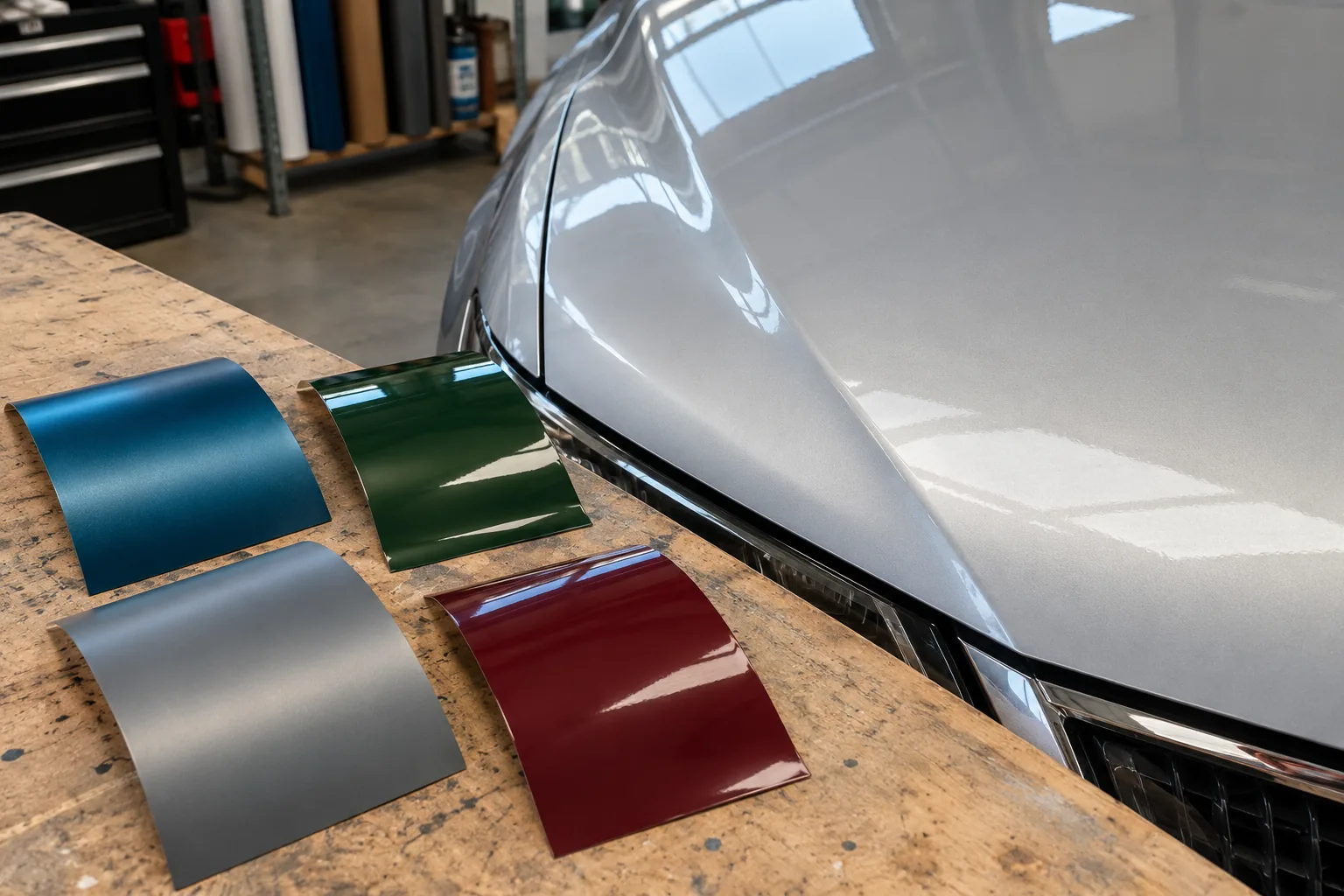 Illustration of curved vinyl samples beside a silver car