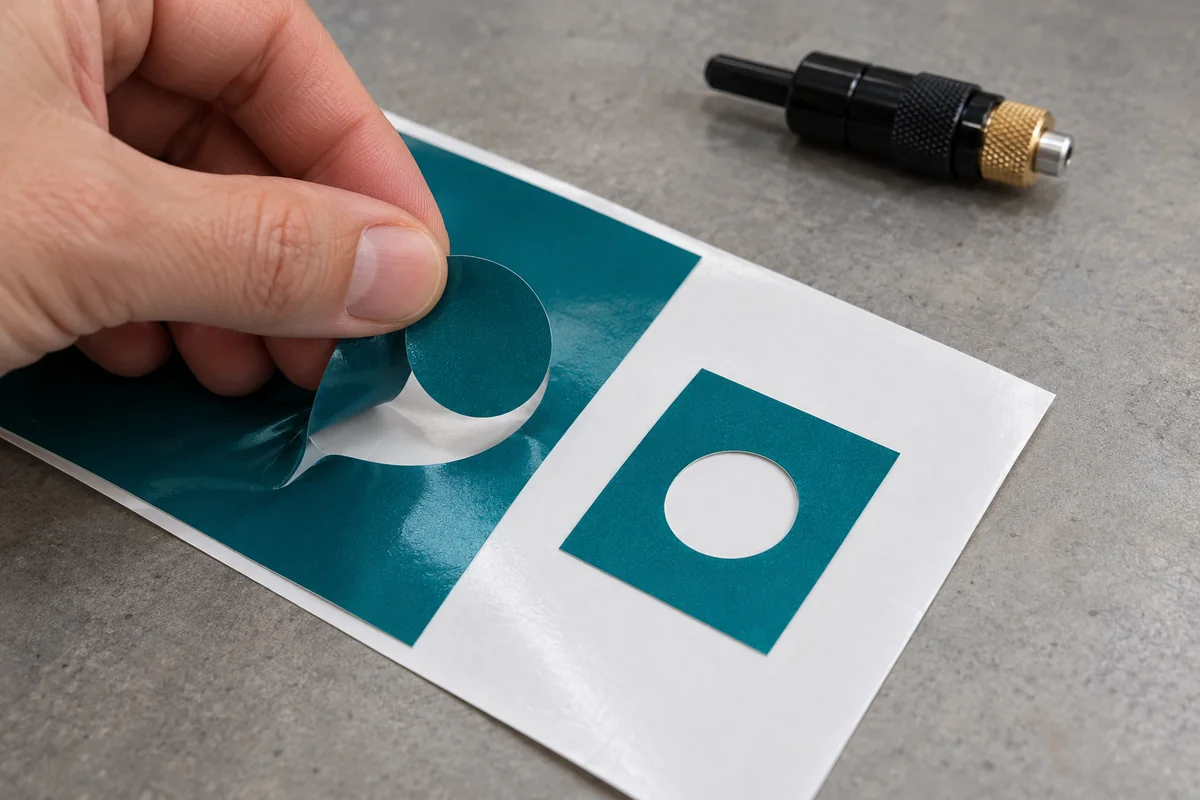 A small petrol teal vinyl test cut is lifted from an intact white release liner on a workbench