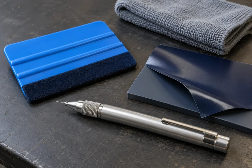 Fine air-release pen, felt-edged squeegee and microfiber cloth beside a navy vinyl sample