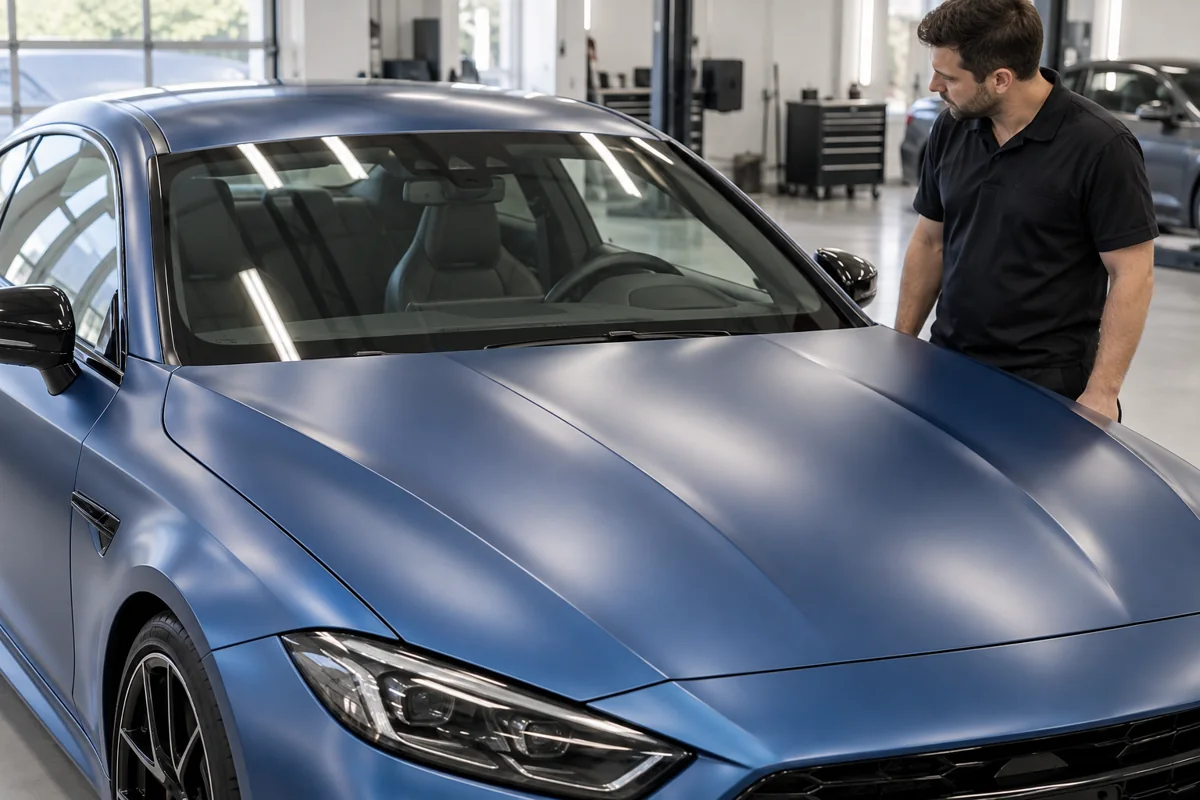 Technician inspecting the dry satin-blue bonnet and roof of a wrapped car