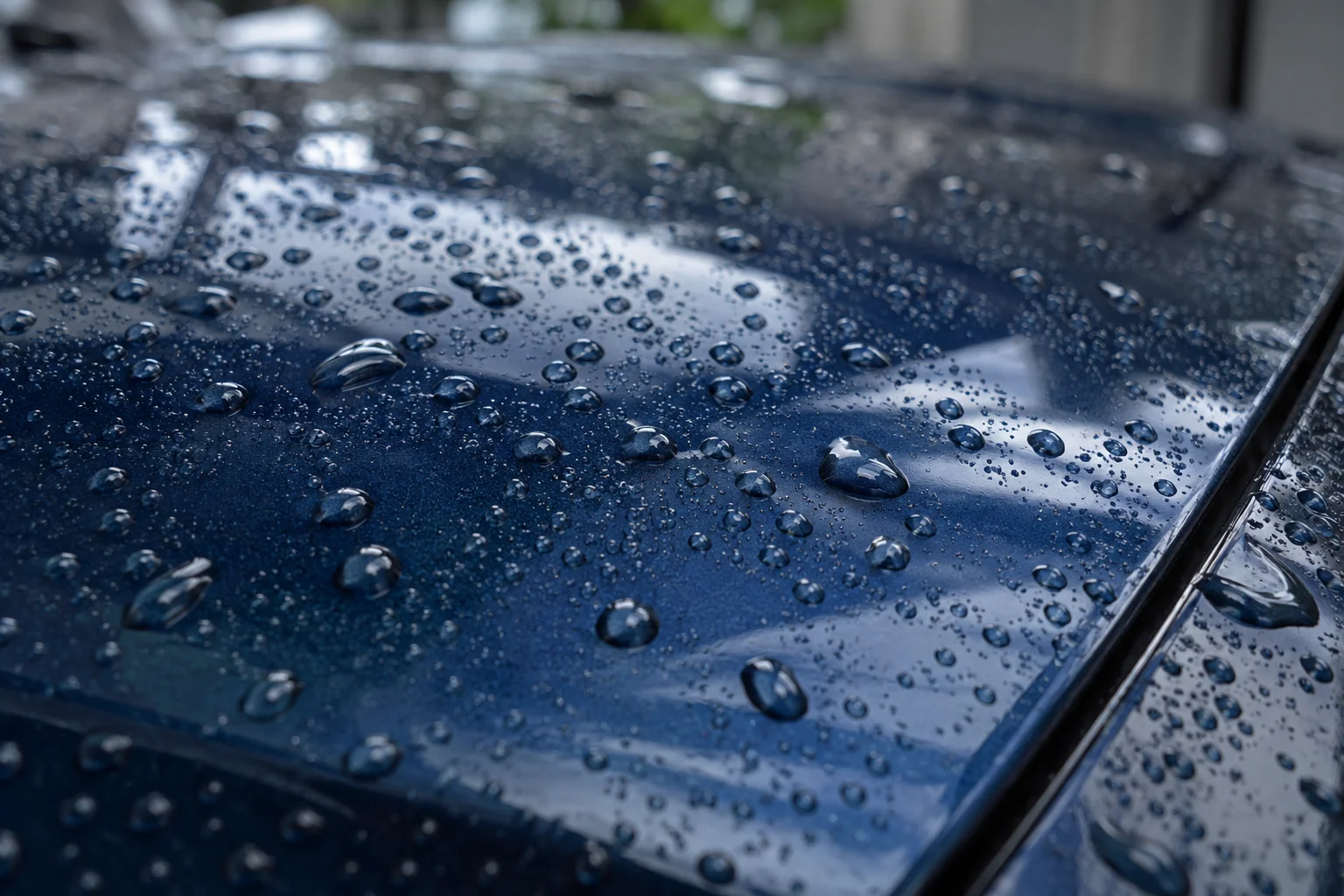 Water droplets beading on a dark blue protected body panel