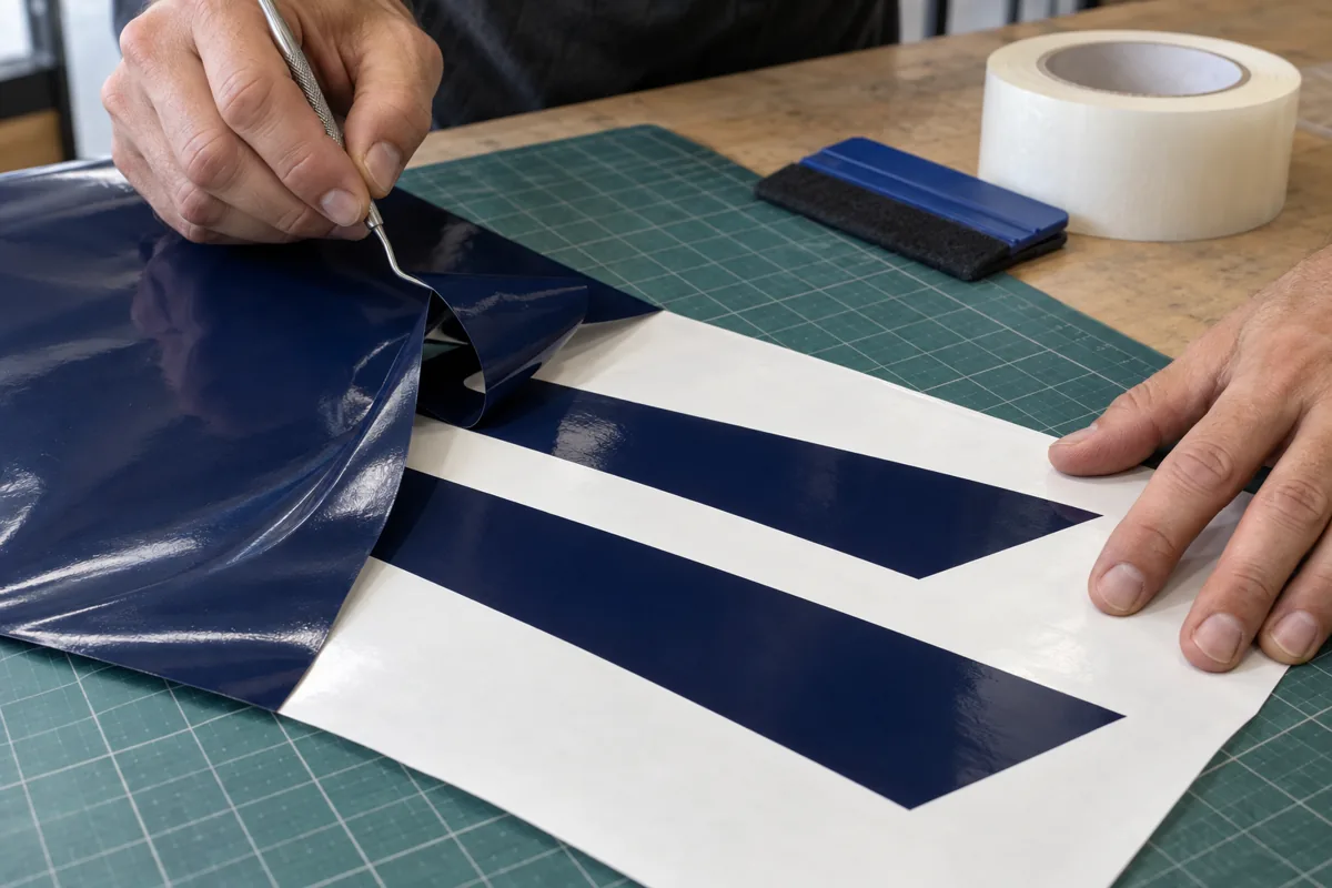 Cut vinyl being weeded on its release liner before transfer tape