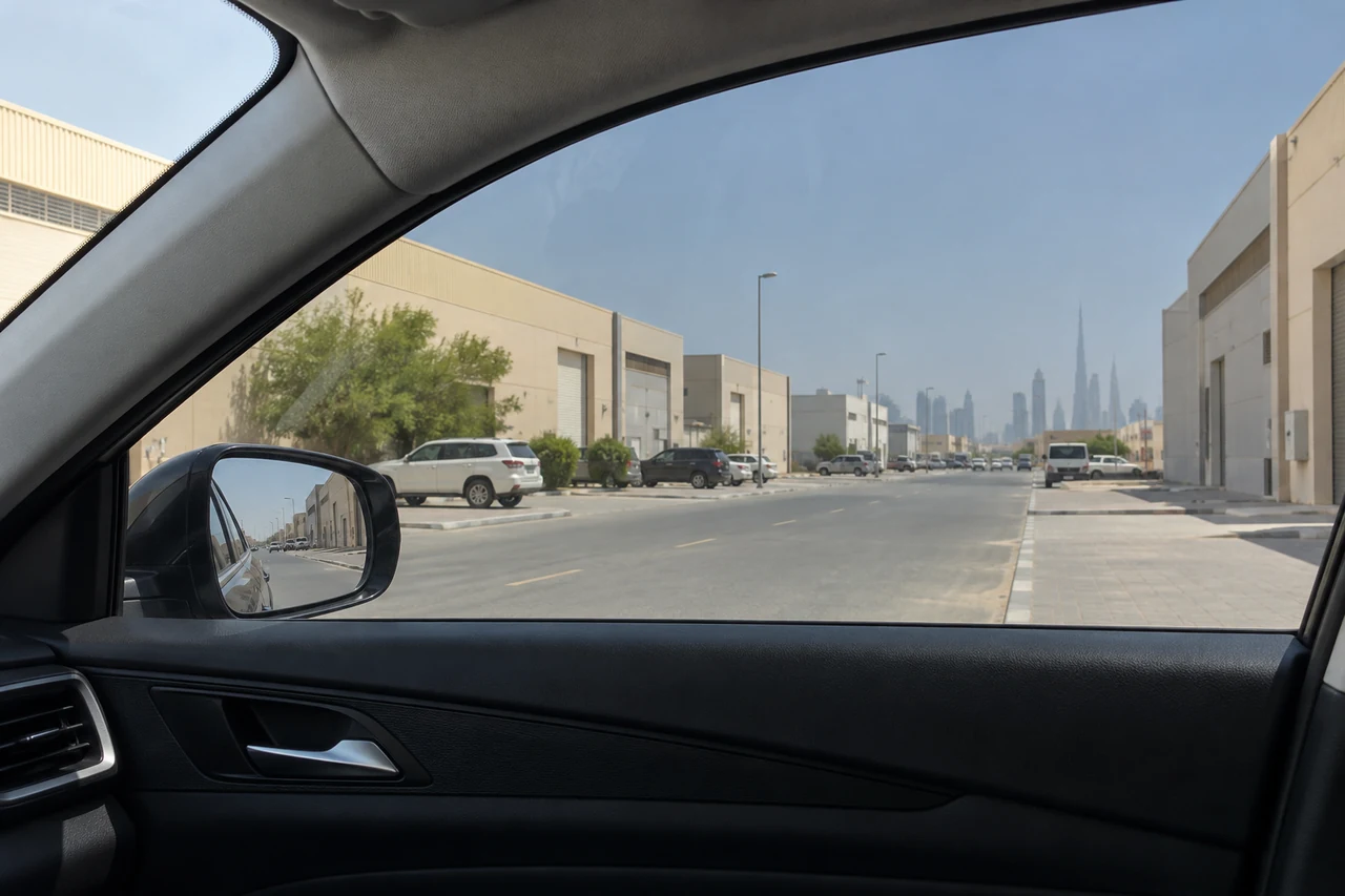 View outward through a vehicle side window with window film