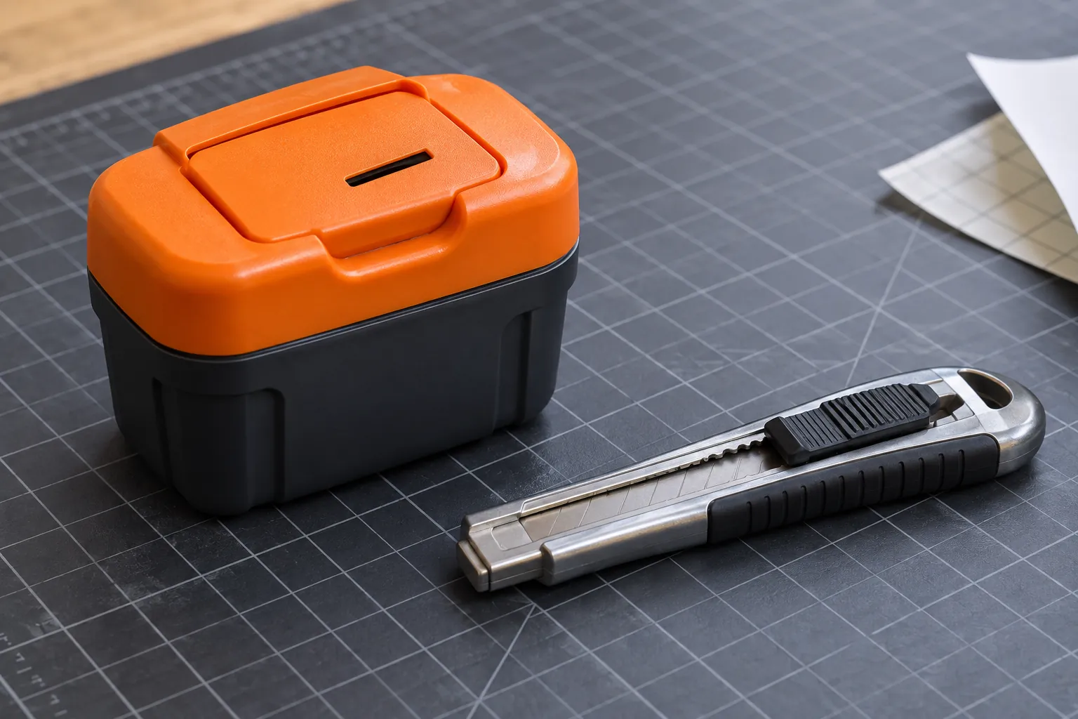 Retracted utility knife beside a closed blade-disposal container on a cutting mat