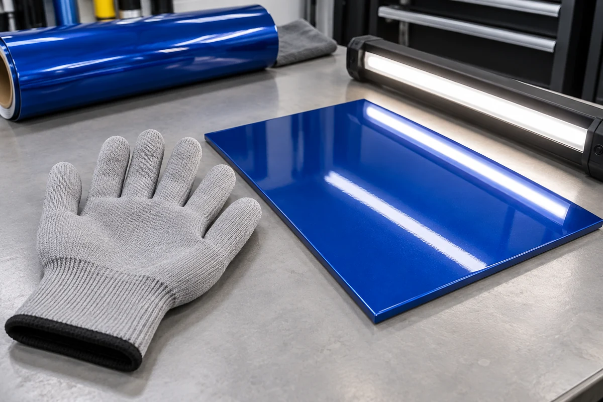 Clean grey knitted glove beside a blue gloss vinyl test panel and an inspection lamp