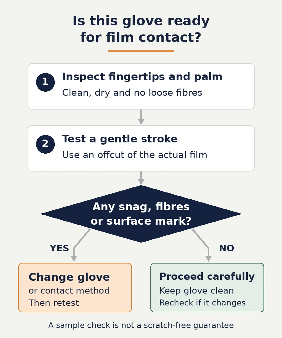 Decision flow checks glove cleanliness and a scrap-film stroke, then routes a clean result to use or a snag or mark to changing the glove and retesting