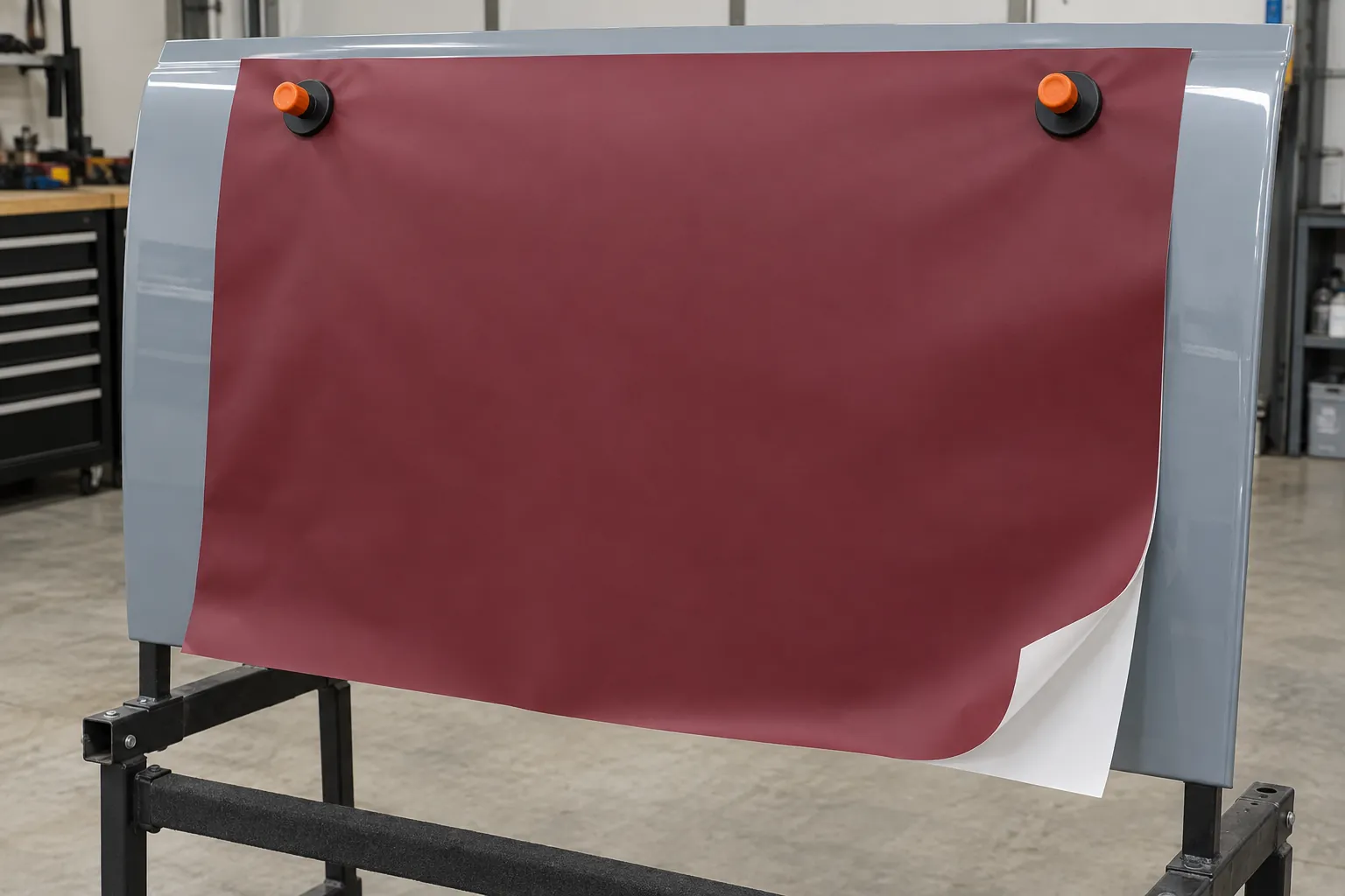 Two covered magnets supporting burgundy vinyl with its white backing on a steel practice panel