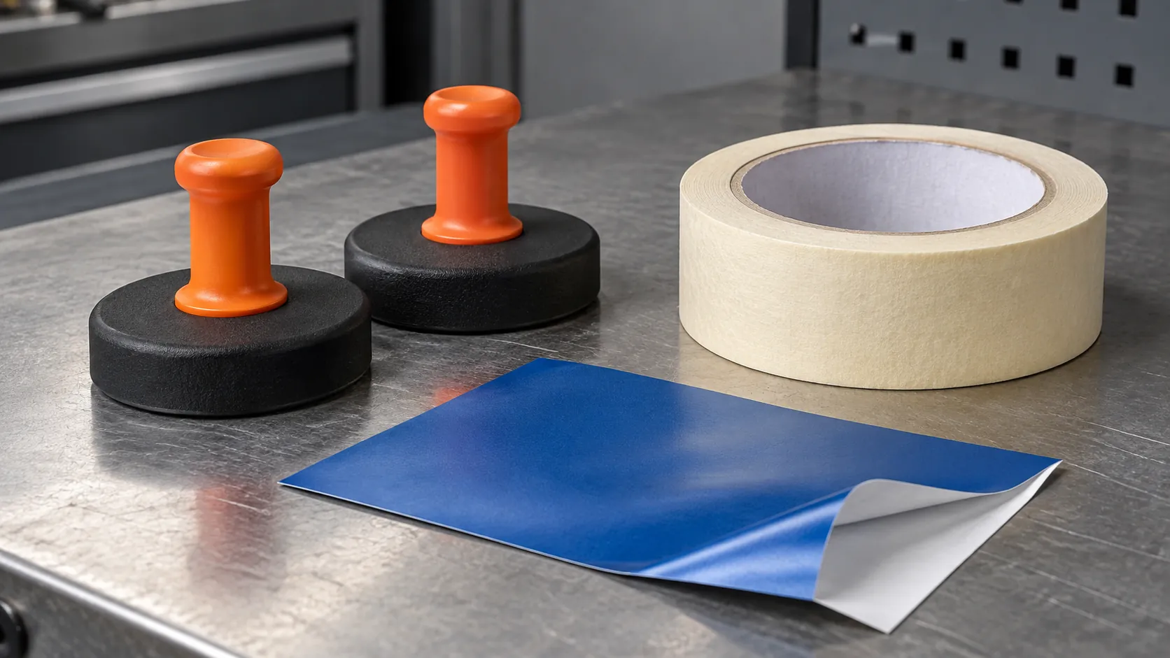 Two rubber-base wrap magnets beside a masking-tape roll and a vinyl offcut