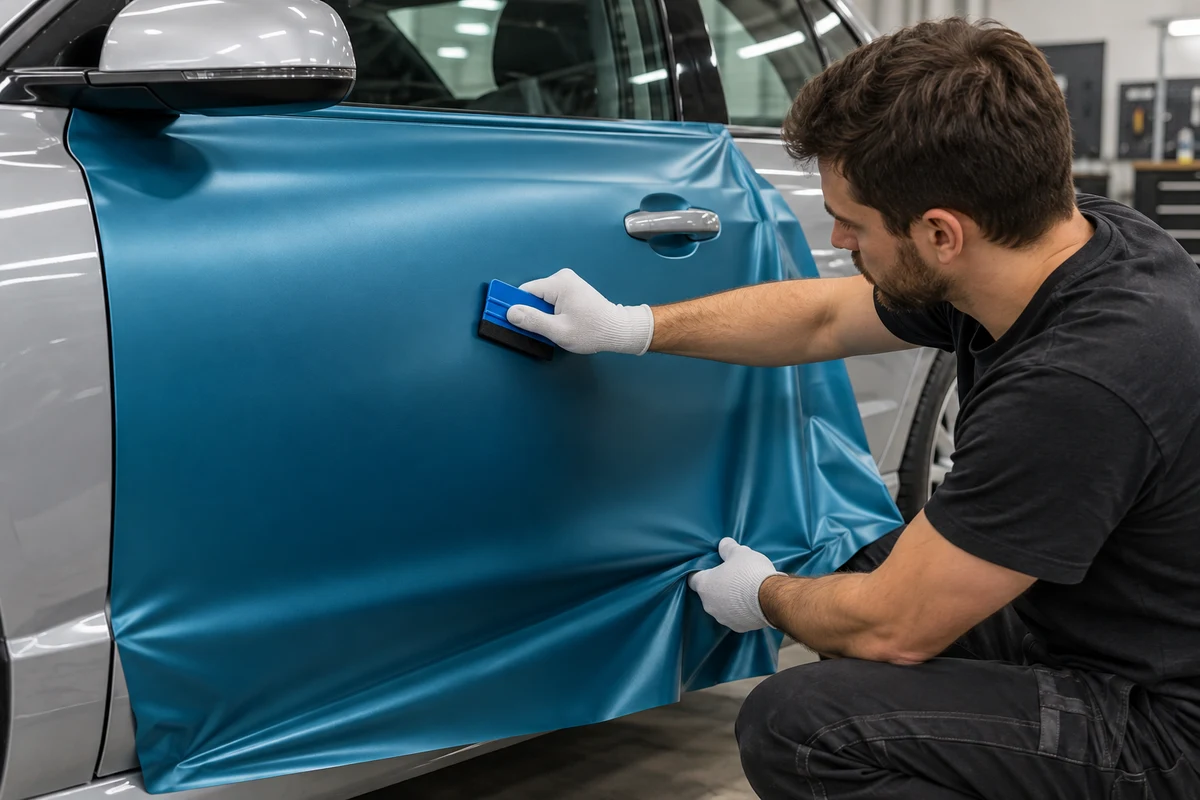 Installer using a felt-edged squeegee on teal vinyl across a car door