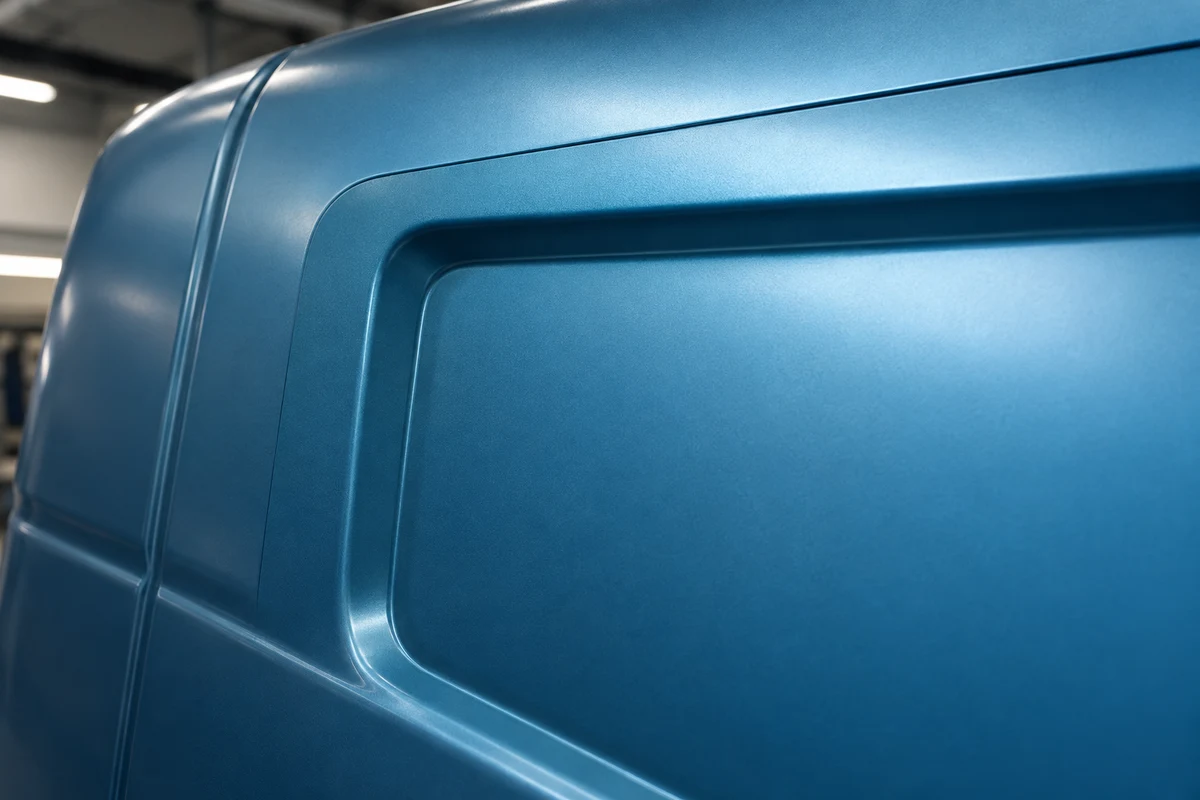 Teal vinyl inlay and visible overlap along a recessed metal panel channel