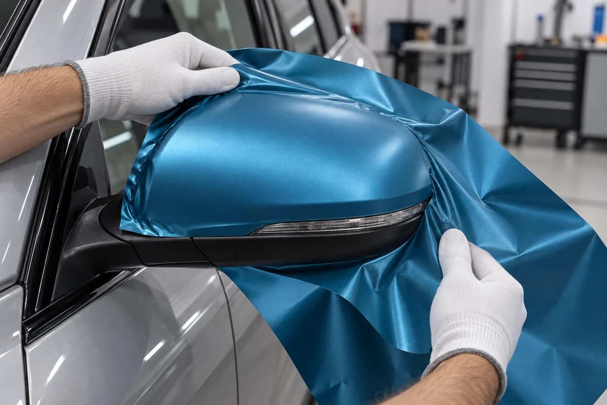 Gloved hands supporting loose teal vinyl around a curved mirror housing