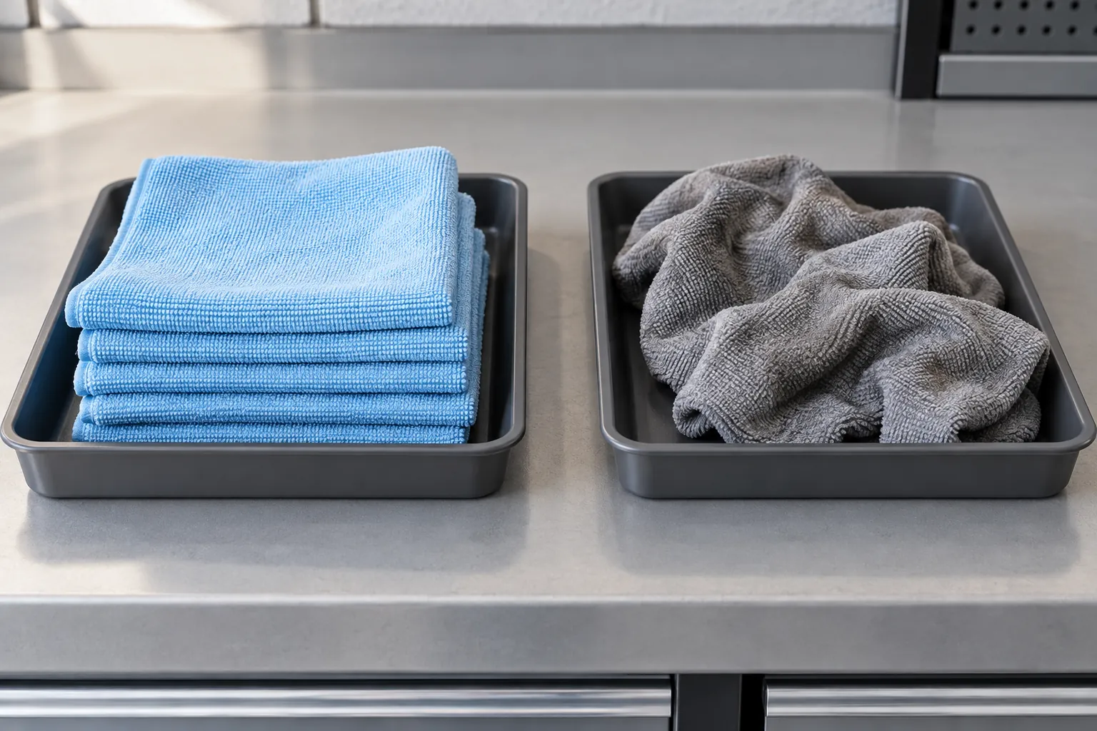 Folded blue cleaning cloths in one tray and used grey wiping cloths in a separate tray