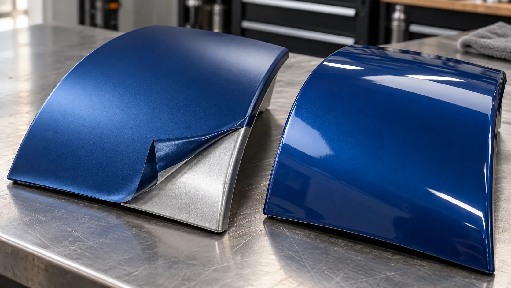 Satin blue vinyl sample with a lifted corner beside a glossy blue painted sample panel
