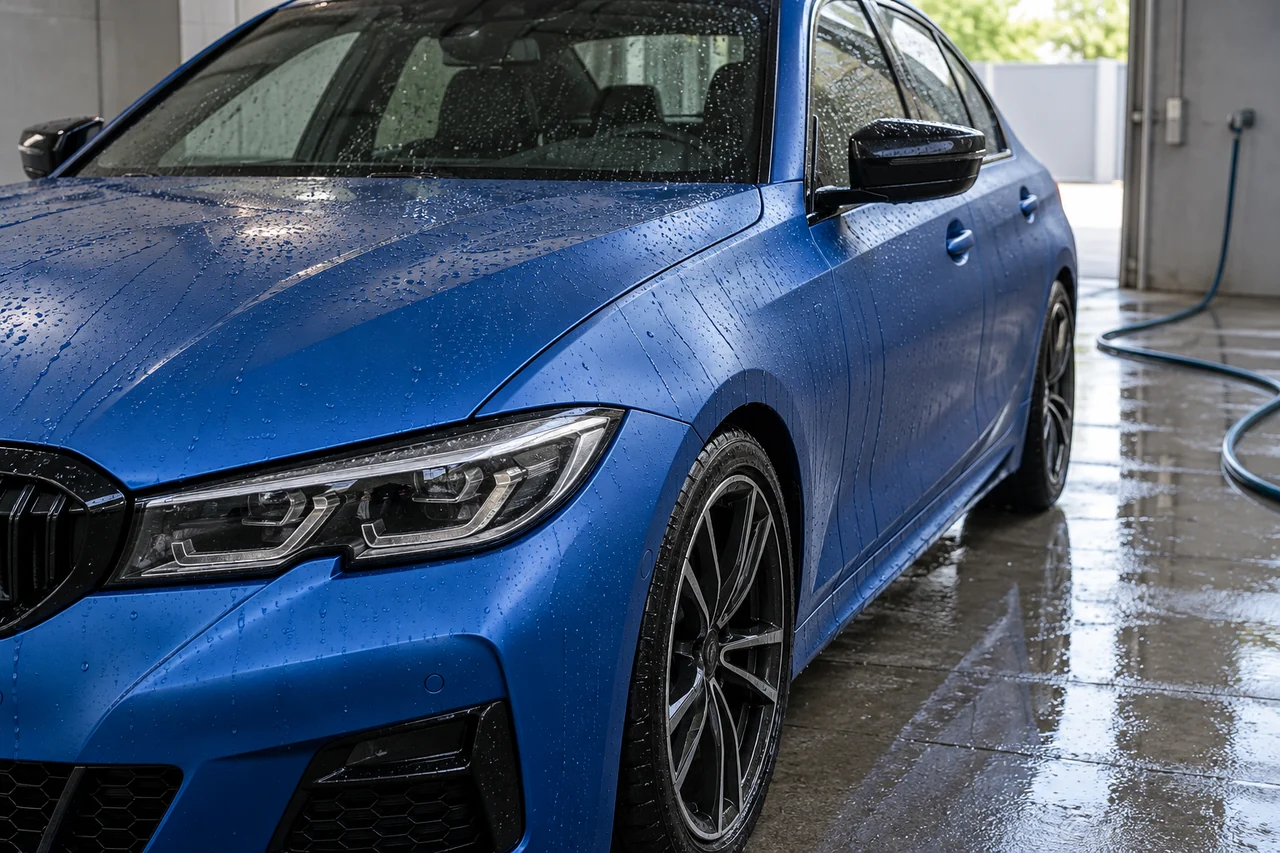 Clean water droplets and rinse water on a satin blue wrapped car in a shaded wash bay