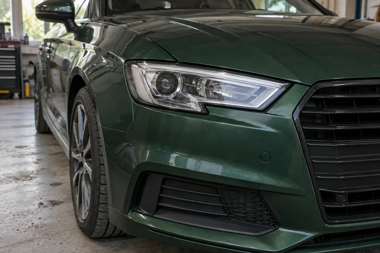 A green wrapped car with an uncovered headlight, grille and round parking sensor